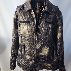 Metallic Gold Floral Zip Jacket With Pockets Shimmery
